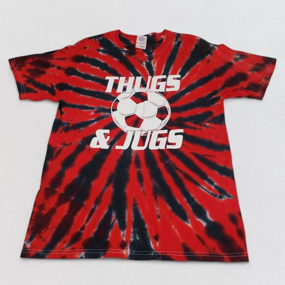 Tie-Dye T-Shirt Mens Medium Red Black Thugs & Jugs Soccer Team Jersey Casual - Picture 1 of 16